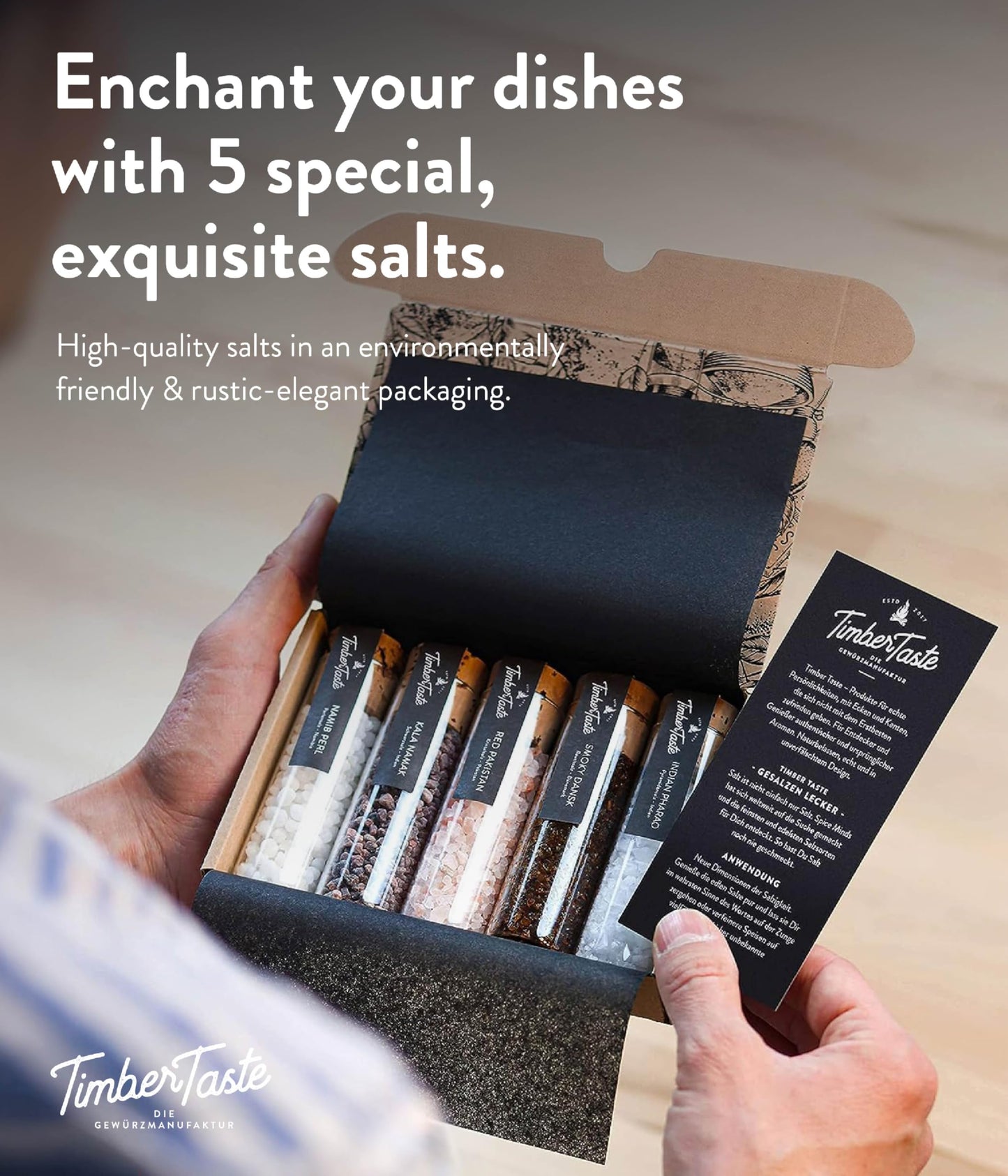 TIMBER TASTE® Premium Salt Sampler Set - 5 Gourmet Finishing Salts Smoky Gold Kala Namak Indian Pharao Pyramidensalz Namib Pearl | Sea Salt Mens Gifts Foodie Cooking Kit - Birthday Gift for Him