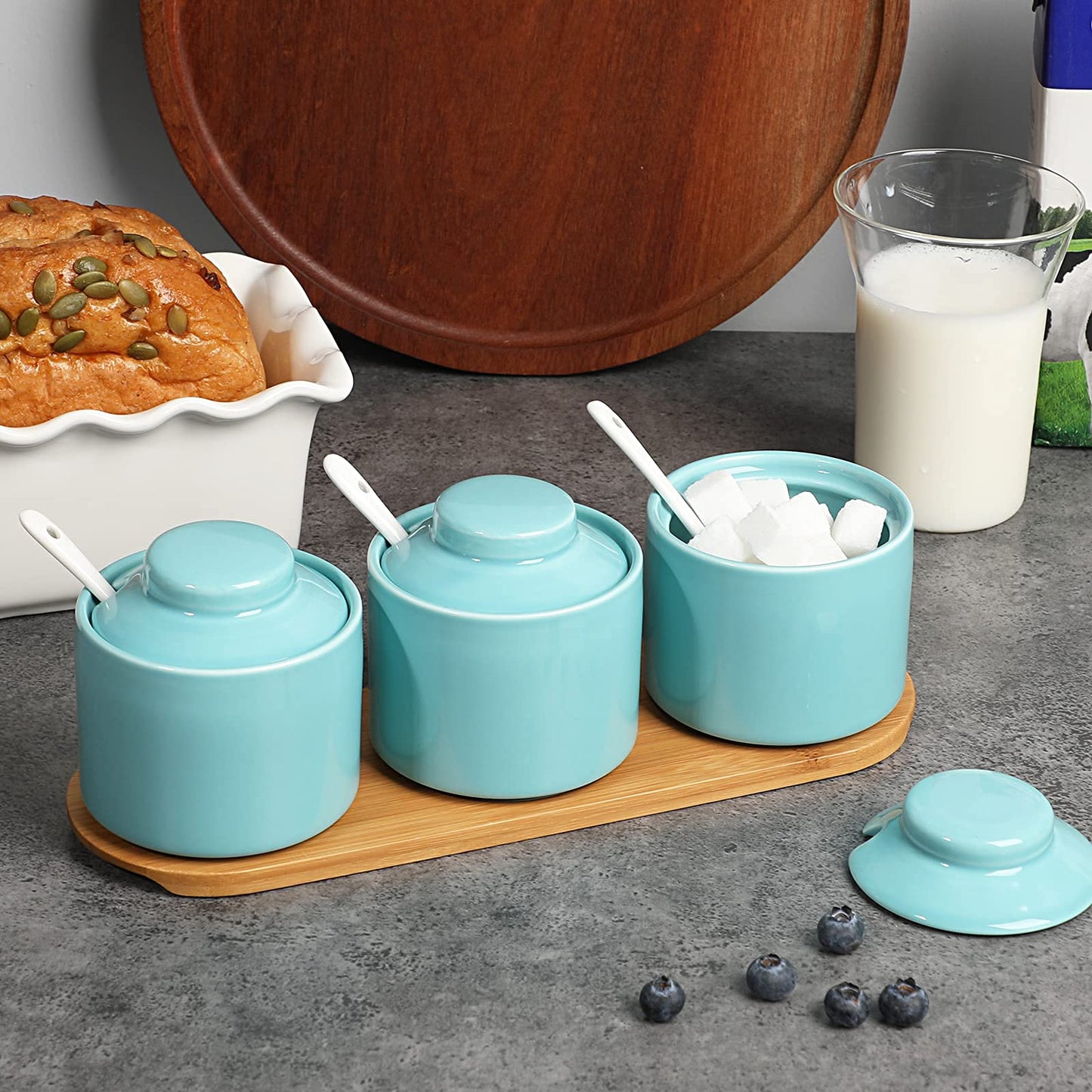 ONTUBE Ceramic Condiment Jar Set of 3 with Tray, Condiment Pot 8oz (Turquoise)