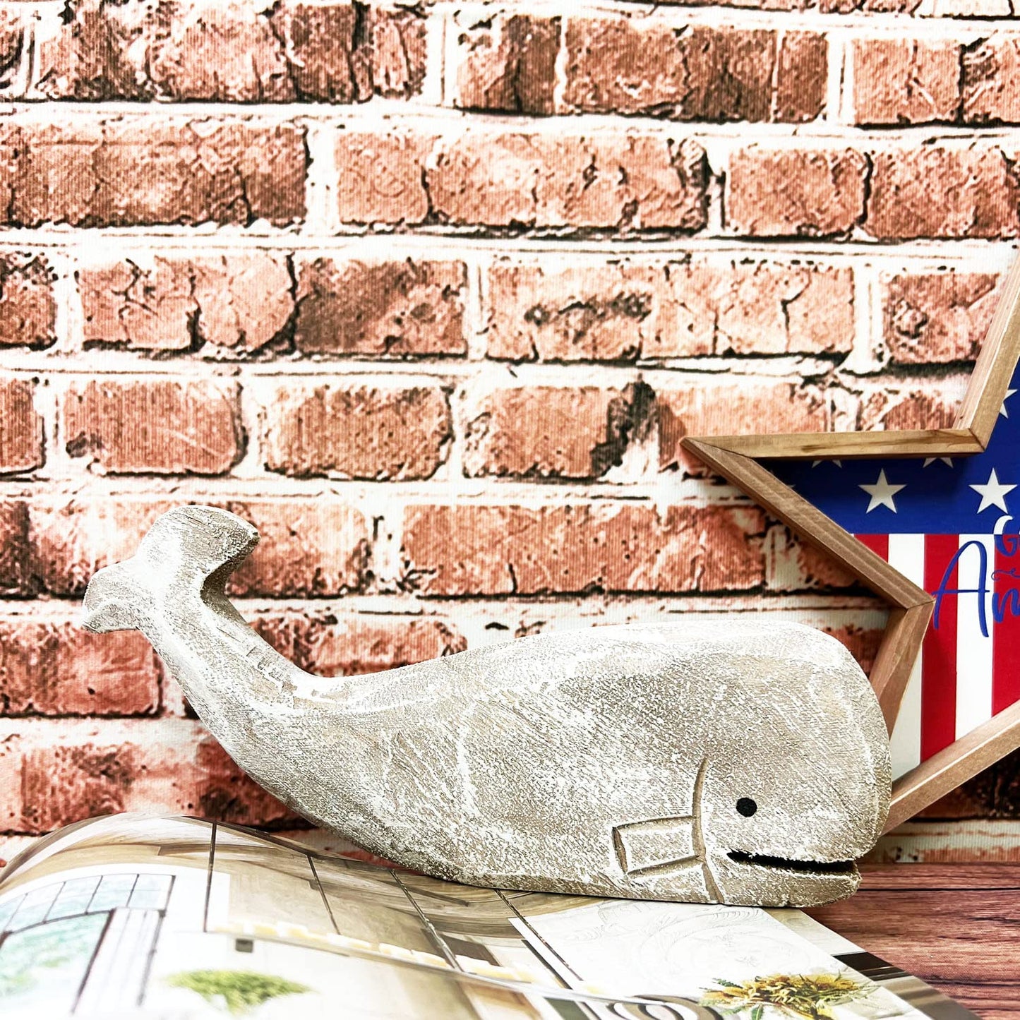 GAPLUM Rustic Wooden Carved Whale Tabletop Statue, Decorative Whale Figurine Carving Sculpture - Nautical Ocean Beach Coastal Themed Home Decor - 12''L