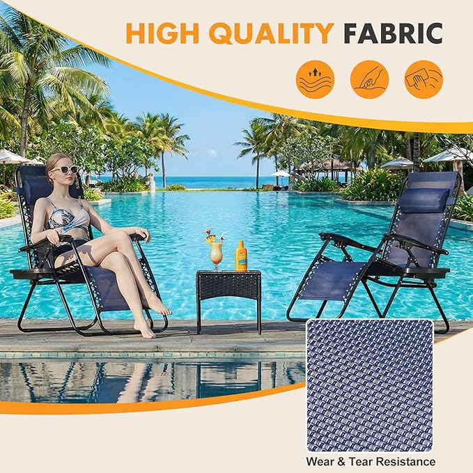 NEWBULIG Zero Gravity Chair Set of 2, Lounge Chair Folding Portable Adjustable Camping Reclining Chairs with Adjustable Pollow, Mesh Back, Cup Holder Trays Lawn Patio Chair for Pool Beach - Blue