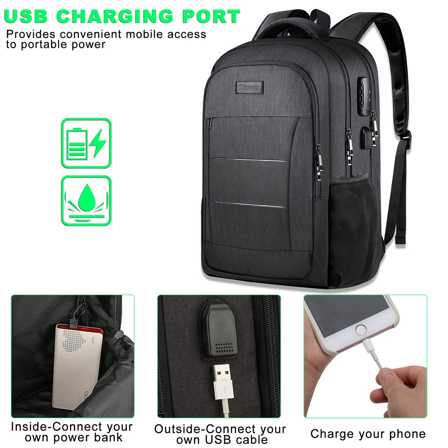 Tzowla Travel Laptop Backpack,Durable Water Resistant Anti-Theft 42L Extra Large 15.6 Inch with USB Charging Port and Lock Fit Computer Business Bookbag for Women Men College School Gift-Black
