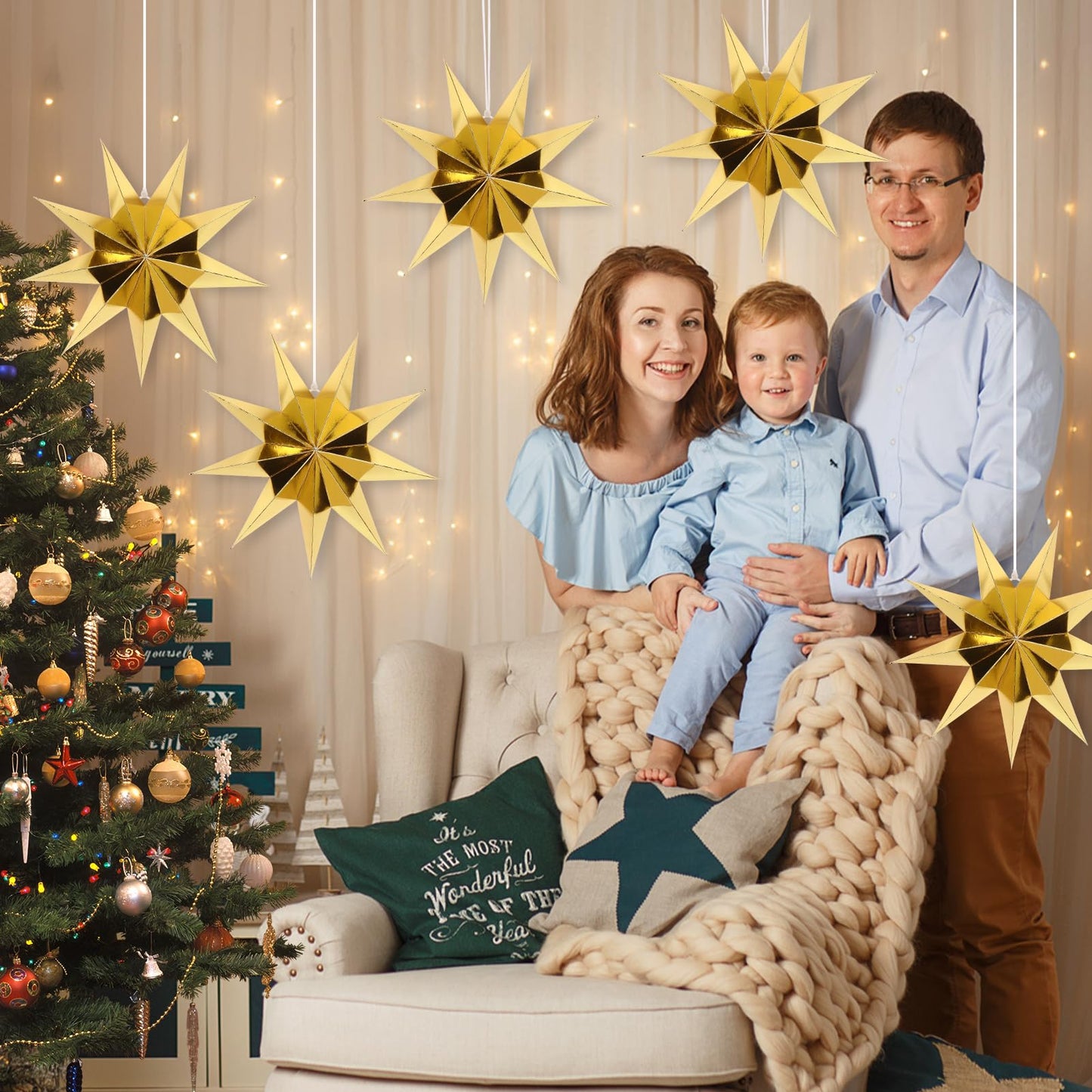 BestoFun 12 Inches 5 PCS Gold Paper Star Lanterns Christmas Party Decorations Hanging Stars Wedding Birthday Christmas Home Party Decorations(9 Pointed)