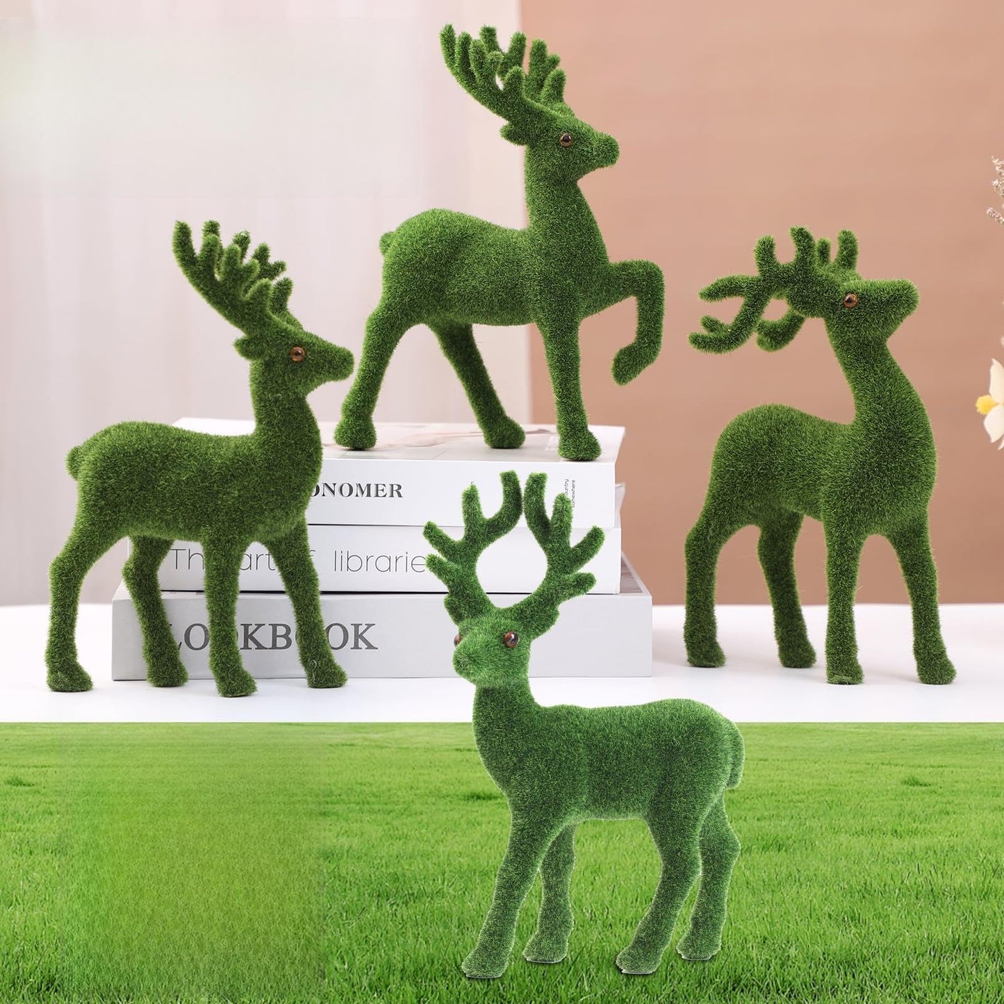 Huamanyuancraft Decorative Moss Reindeer Figurines, Set of 4 - Green Flocked Deer Statues for Woodland Christmas Table Centerpiece, Indoor Mantel Shelf and Garden Decor