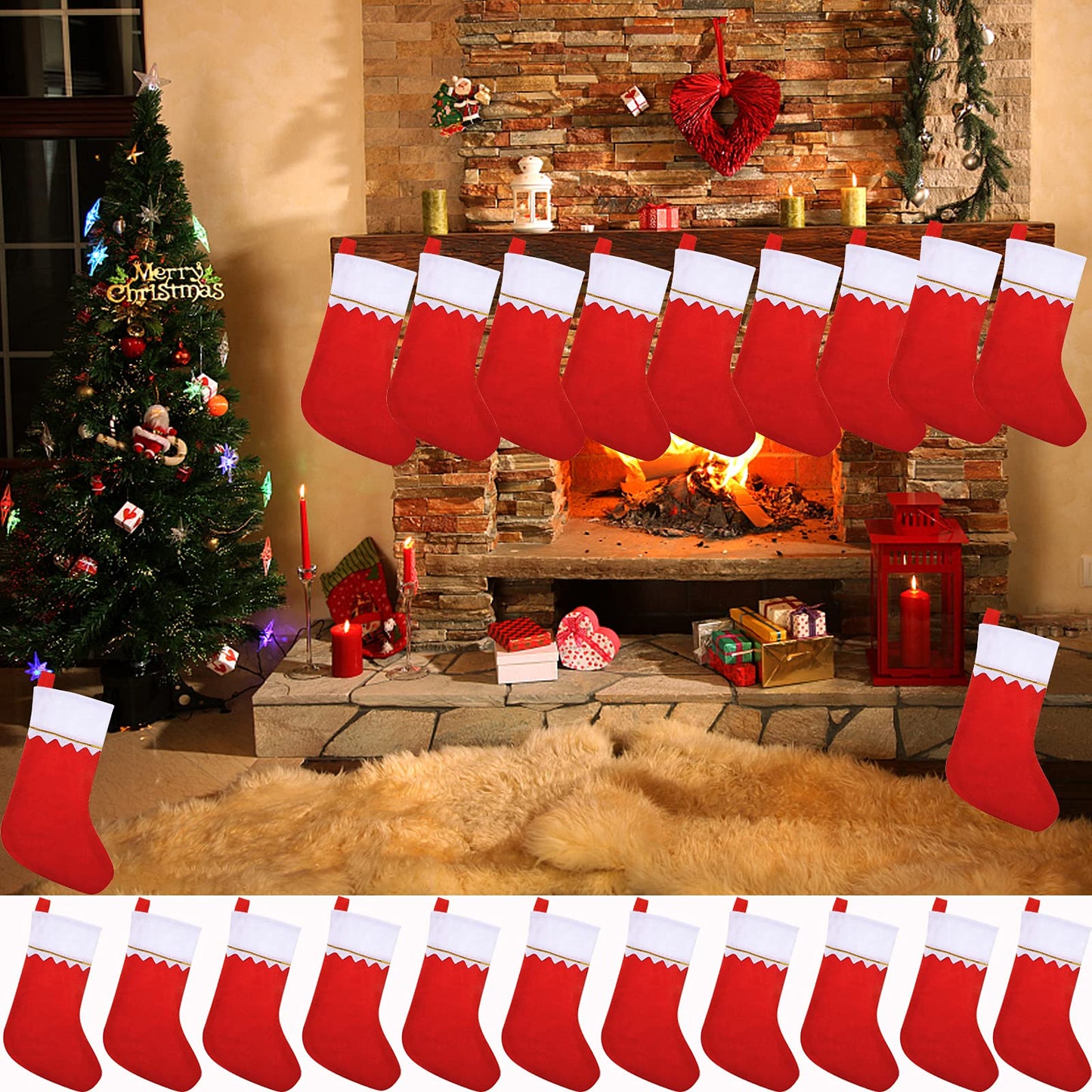 24 Pack Christmas Stockings Bulk 15 Inches Red Felt Xmas Stockings Holiday Big Santa Stockings for Fireplace Hanging Christmas Decorations