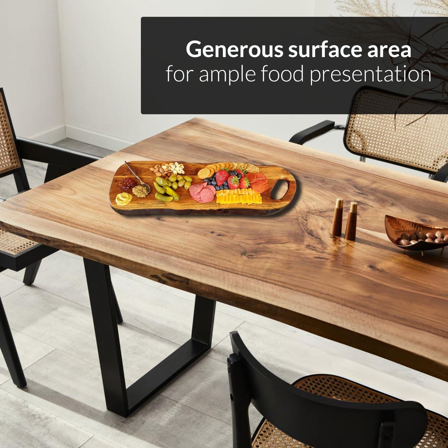 Acacia Charcuterie Board with Natural Live Edge & Round Handle - Wood Cheese Board - Decorative Wooden Serving & Cutting Board - Housewarming, Mothers Day, New Home & Wedding Gifts (XL - 24” x 10”)