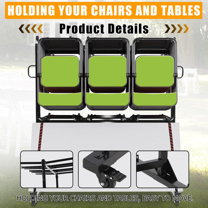 Folding Chair Cart Storage Rack on Wheels, Two-Tier 800Lbs Capacity Heavy Duty Adjustable Rolling Rack for 84 Chairs or 24 Tables, with Locking Wheels,Rain Cover,Elastic Cords Wheels, Straps, Black