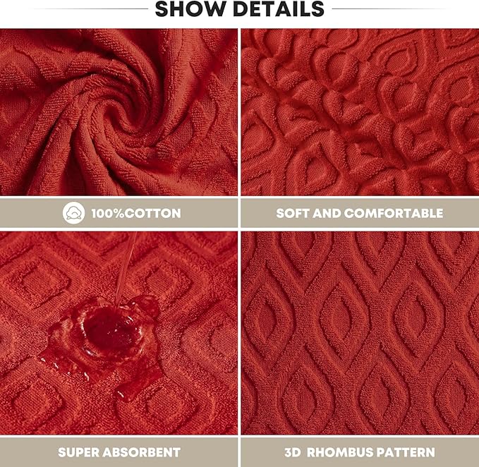 Artoid Mode 2 Pcs Red 3D Diamond Grid Jacquard Hand Towels
