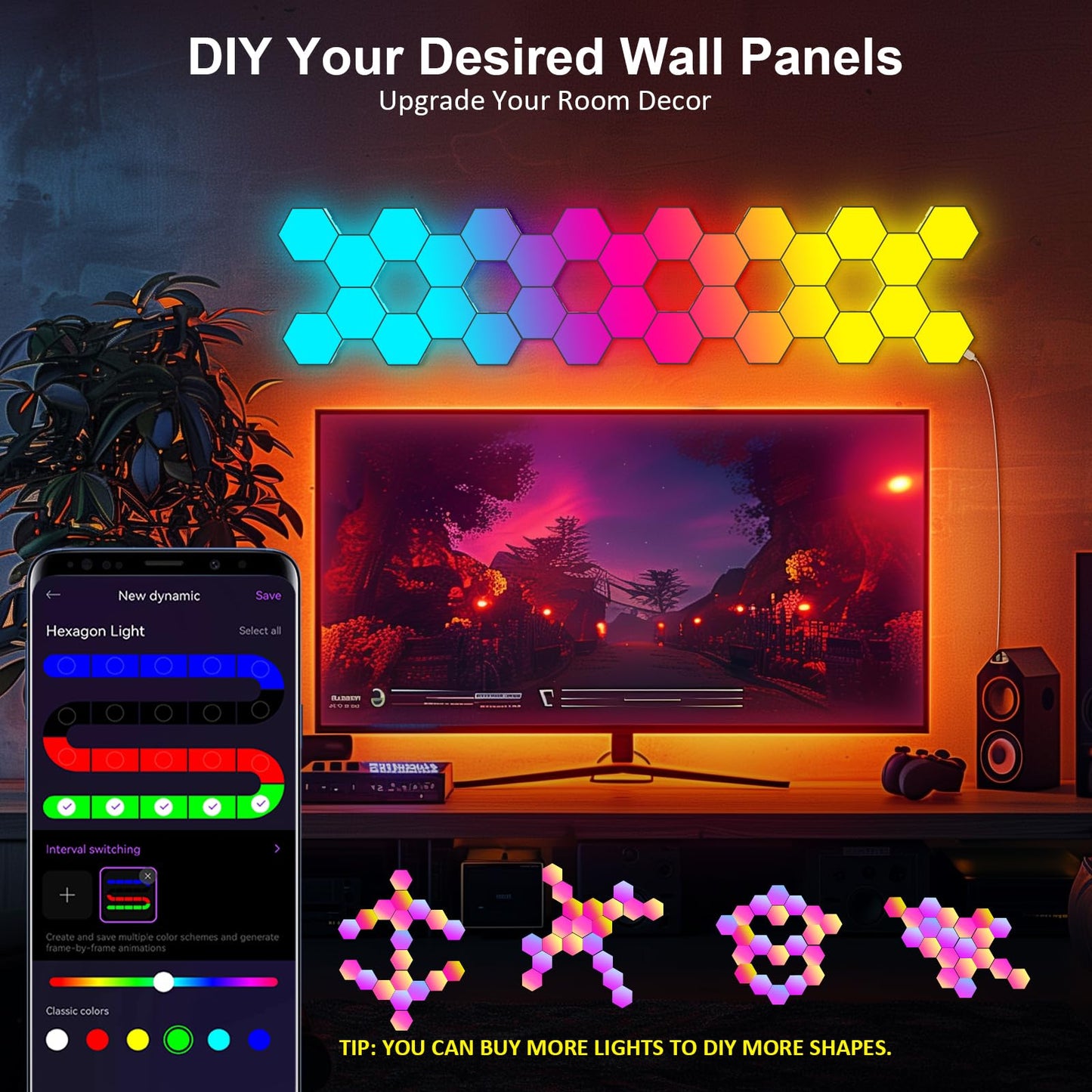 JIMIMORO Hexagon LED Light Panels 8 Pack – RGB Wall Decor Lights with Music Sync, App & Remote – Modular Home & Christmas Decor for Bedroom, Living Room, and Room Decor