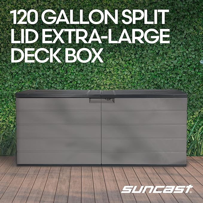 Suncast 120 Gallon Deck Box - Resin Outdoor Storage Box for Patio Cushions, Pool Accessories, & Garden Tools, Lockable Outdoor Storage Bin with Split Lid, Extra Large Dove Gray Outside Container