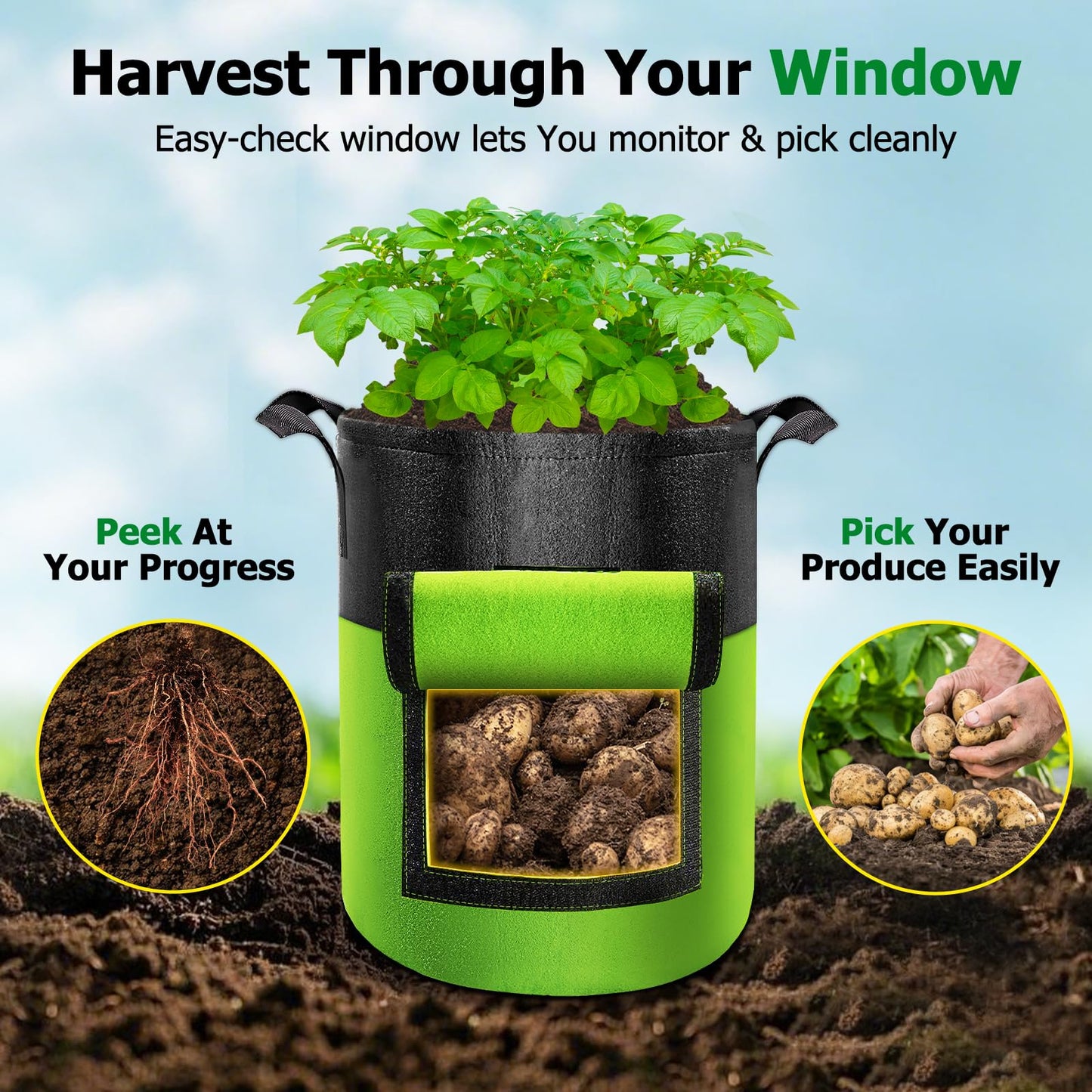 Xpatee 6 Pack Potato Grow Bags with Flap, 10 Gallon Grow Bags for Growing Potatoes, Colorful Durable Fabric Garden Planter Pots with Harvest Window for Tomatoes Vegetables Fruit Flowers Herbs