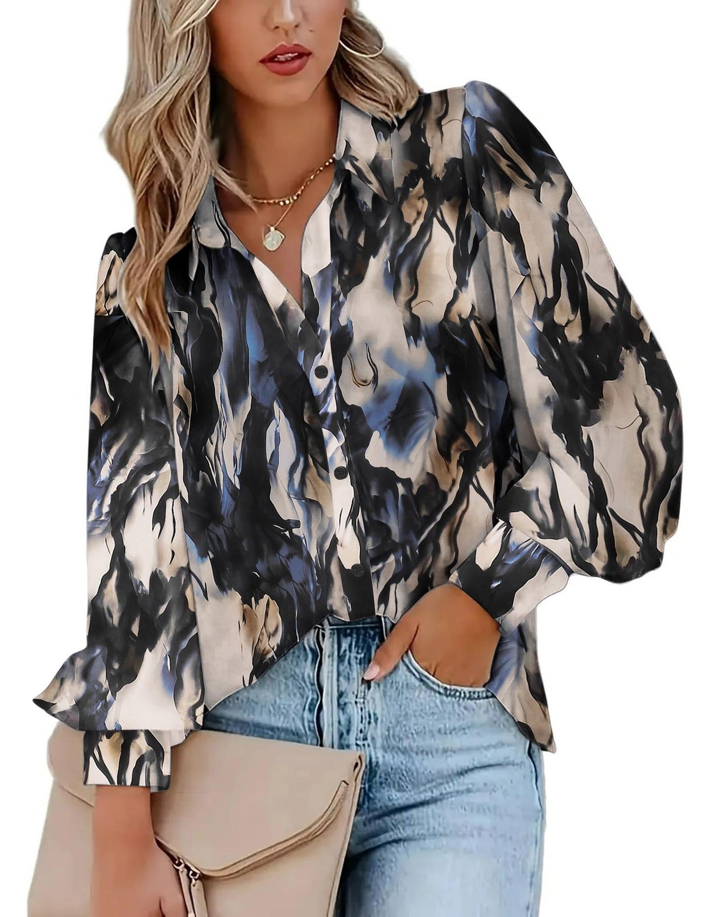 Zeagoo Womens Shirts Button Down Printed Lantern Long Sleeve Blouse Fashion Casual Tops 2025
