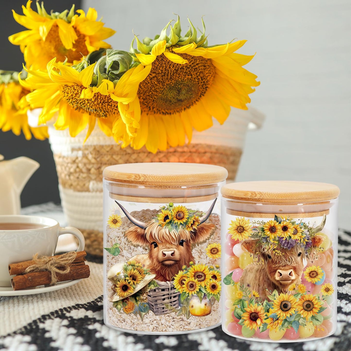 JarThenaAMCS 3Pcs Highland Cow Sunflower Glass Storage Jars With Airtight Lid Cattle Floral Decorative Canisters Sets for Cookie Spring Summer Farmhouse Home Kitchen Countertop