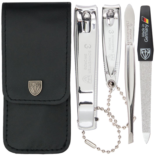 3 Swords Germany - Brand Quality 4 Piece Manicure Pedicure Grooming kit Set for Professional Finger & Toe Nail Care Tweezers File Clipper Fashion Leather case in Gift Box, Made by 3 Swords (77211)