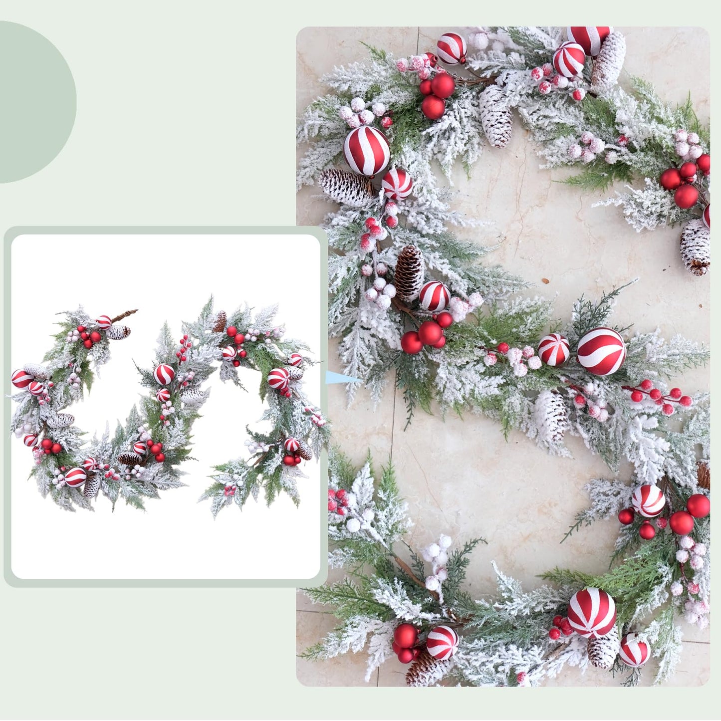 Egolot 70 Inch Christmas Candy Cane Garland for Front Door, Winter Red White Xmas Holiday Garland for Indoor Outdoor, Christmas Frosted Garland with Berries and Pine Cones