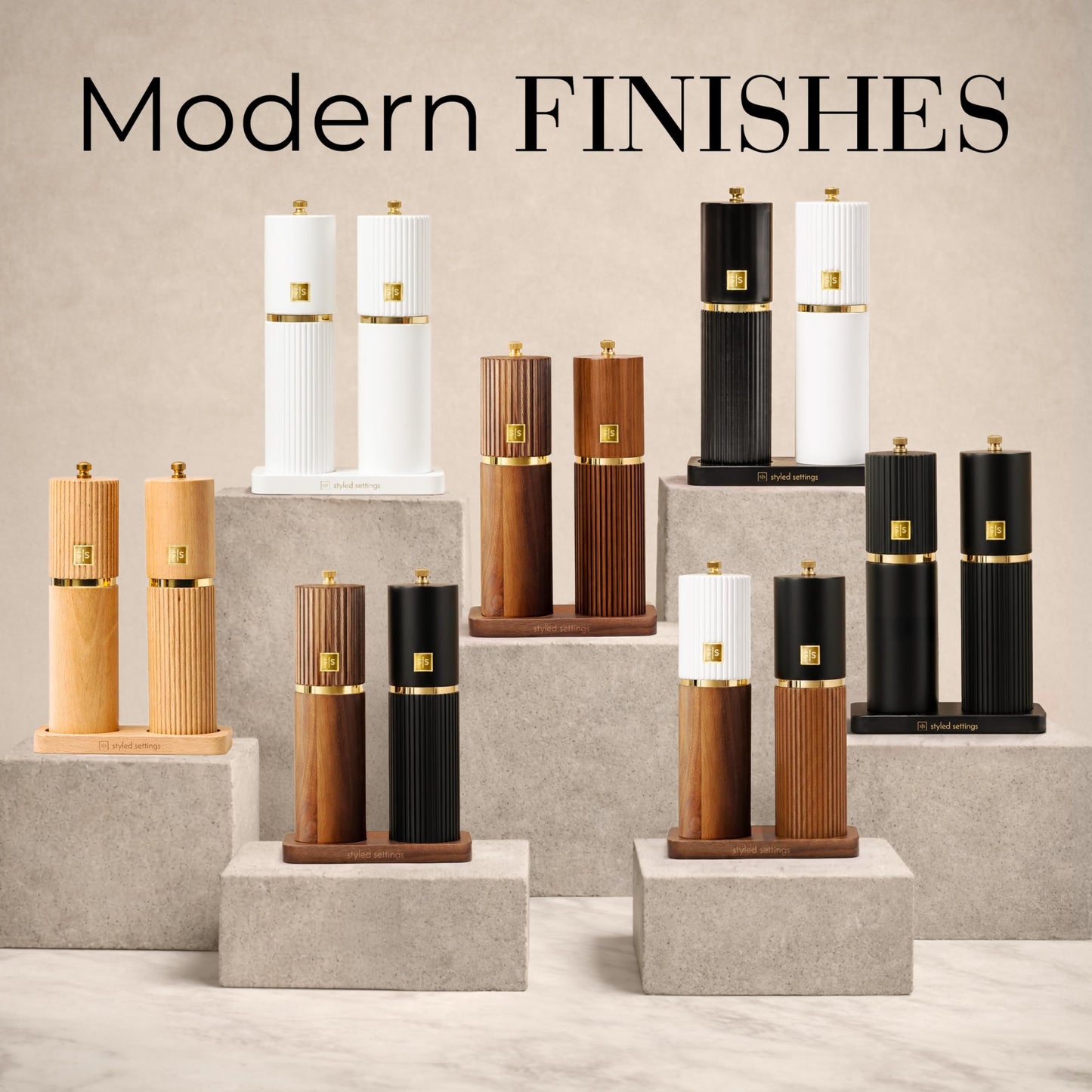 Wooden Salt and Pepper Grinder Set – Refillable Manual Salt and Pepper Mills with Adjustable Ceramic Burrs, Gold Detailing, and Wood Stand – Dark Wood
