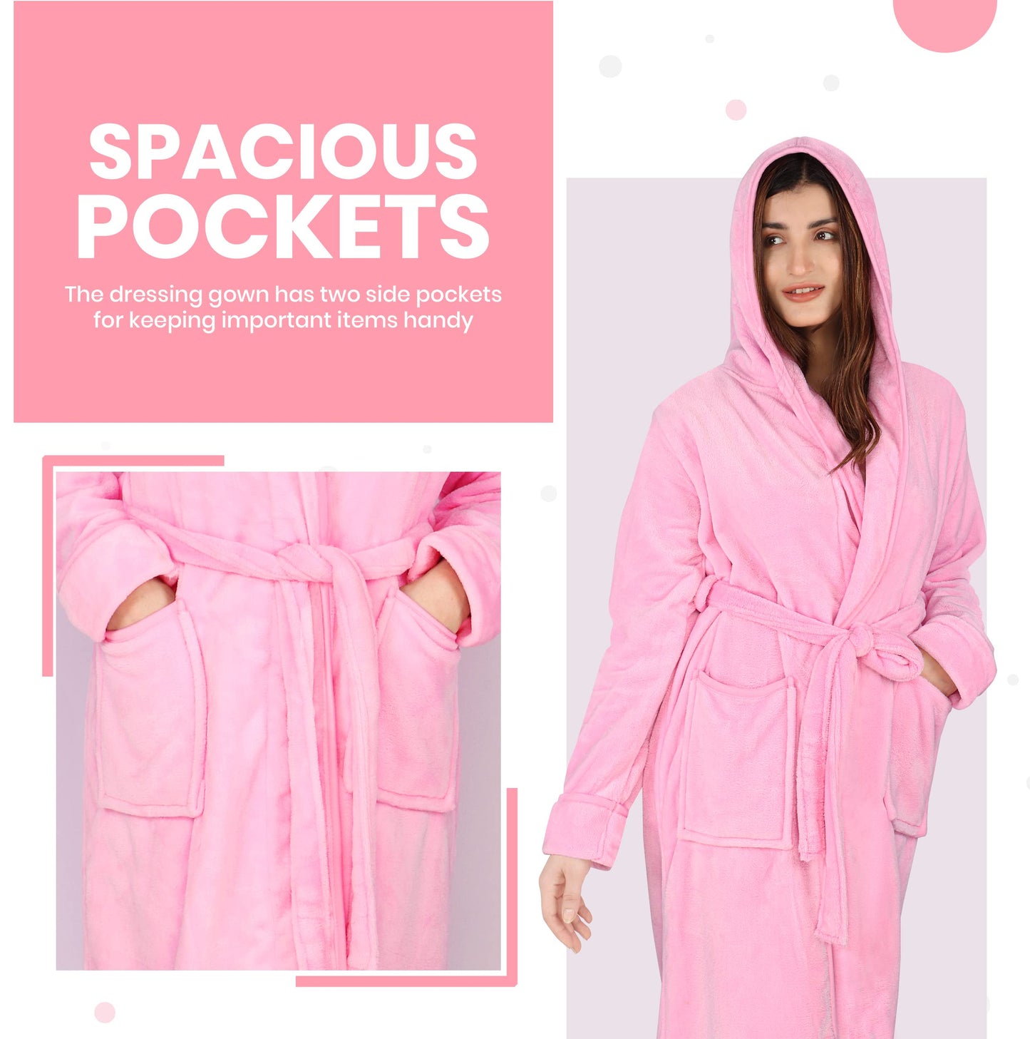 NY Threads Luxury Ladies Hooded Dressing Gown Super Soft Fleece Women's Robe Comfortable Loungewear and Nightwear, Pink, Medium