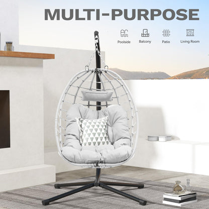 DWVO Egg Hanging Swing Chair with Stand Egg Chair Wicker Indoor Outdoor Hammock Egg Chair with Cushions 330lbs for Patio, Bedroom, Garden and Balcony, Light Gray