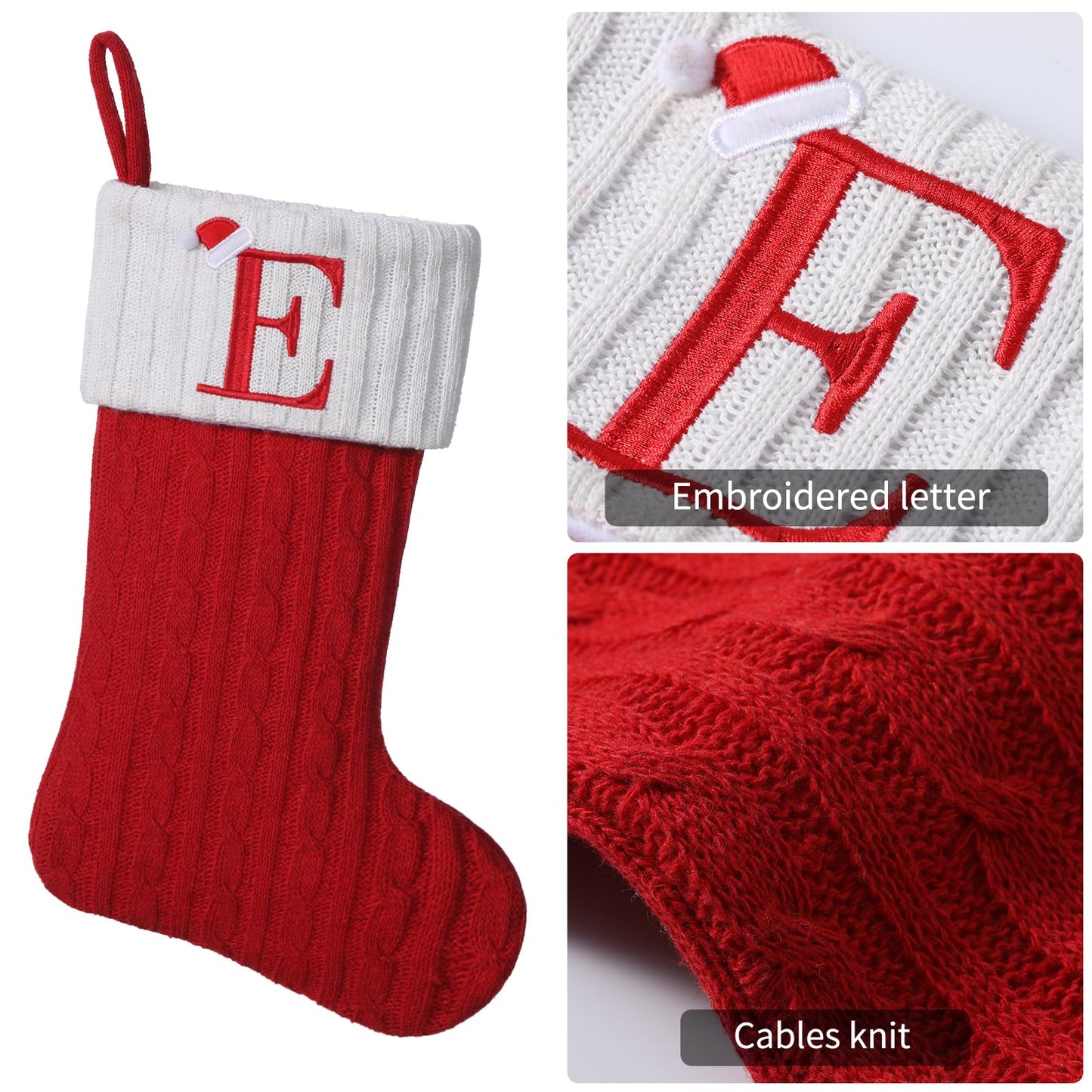 Yehnois 19.5 inch Red Knit Christmas Stockings,Personalized Embroidered Letter Christmas Stocking,Family Holiday Xmas Party Decor (Initial E)