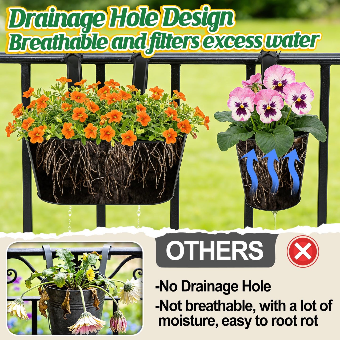 MADHOLLY 6Pcs Railing Planter with Drainage - 10.8" & 5.1" Bucket Pots for Balcony Railing, Metal Iron Hanging Flower Pots for Herb Planter Outdoor Deck & Rail Decor with Hook, Black