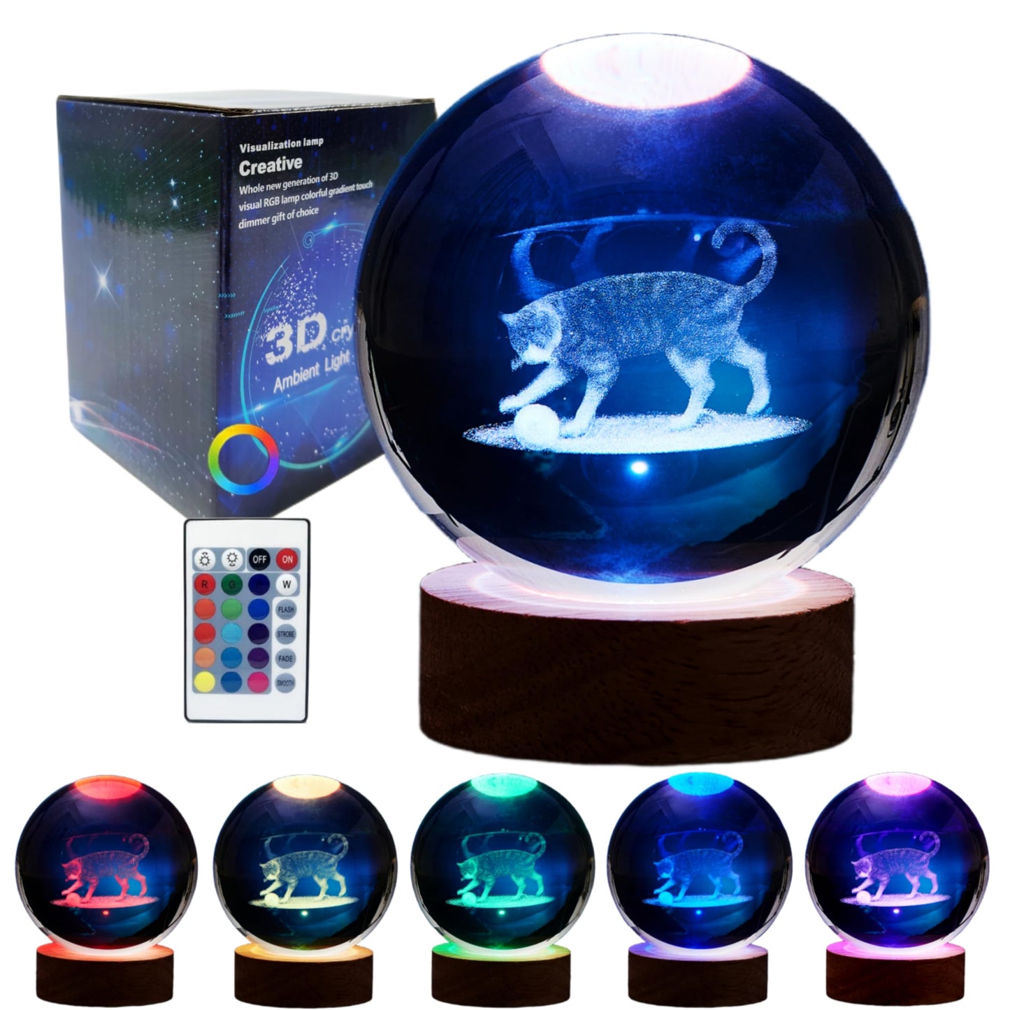 Conalisk 3D Cat Crystal Ball Lamp,Lifelike 3D LED Cat Night Light,16 Colors Changing Light,Dimmable Remote Control,Cat Lamp Gfit (Cat)
