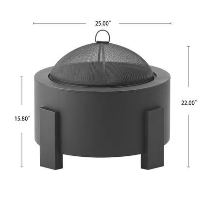 Christopher Knight Home Flicker Wood Burning Steel Fire Pit with Spark Screen, 25" Round Portable Steel Patio Heater for Camping, Patio, Backyard, Rust-Resistant Powder-Coated Finish, Black