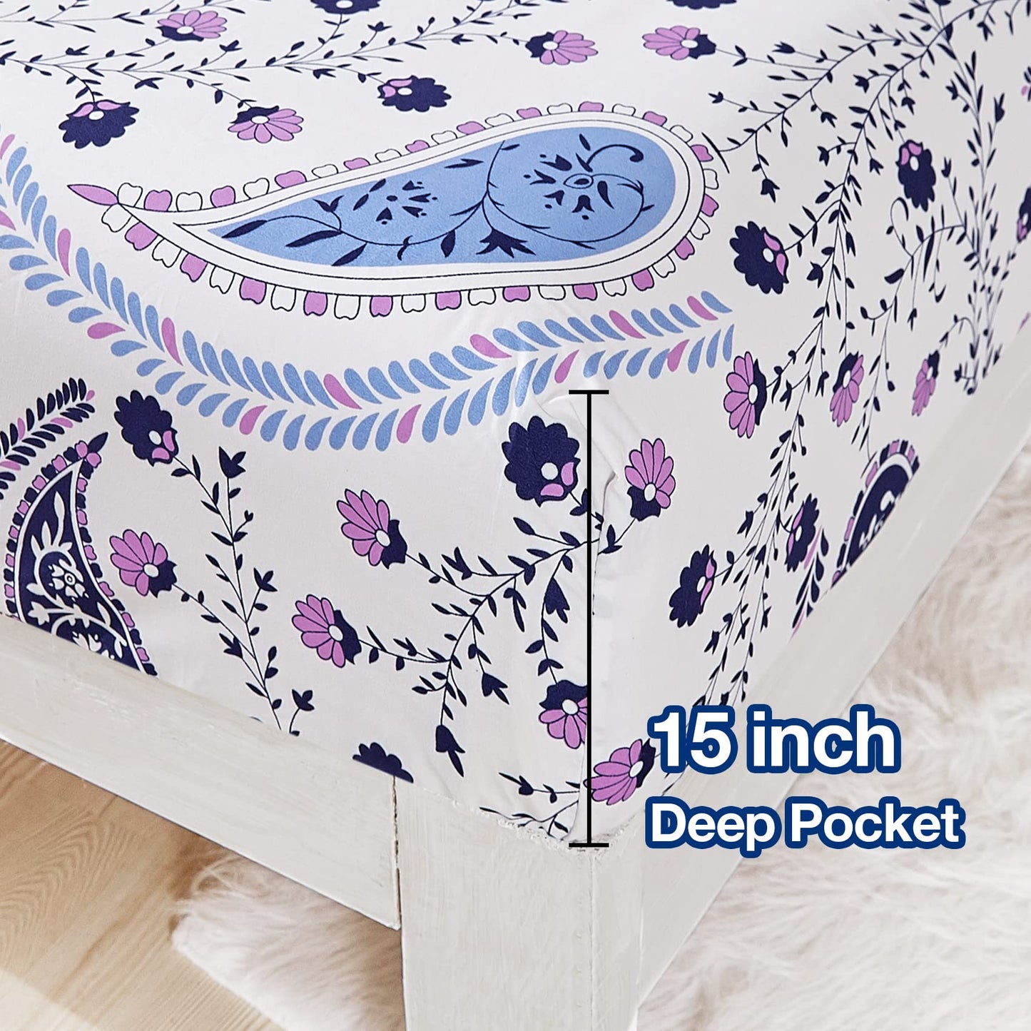 JSD Paisley Floral Printed Sheet Set King Size, 4 Piece Soft Pattern Microfiber Sheets Extra Deep Pocket