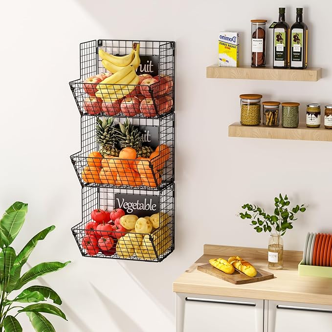 X-cosrack Metal Wire Basket Wall Mount, 3 Tier Wall Storage Basket Organizer