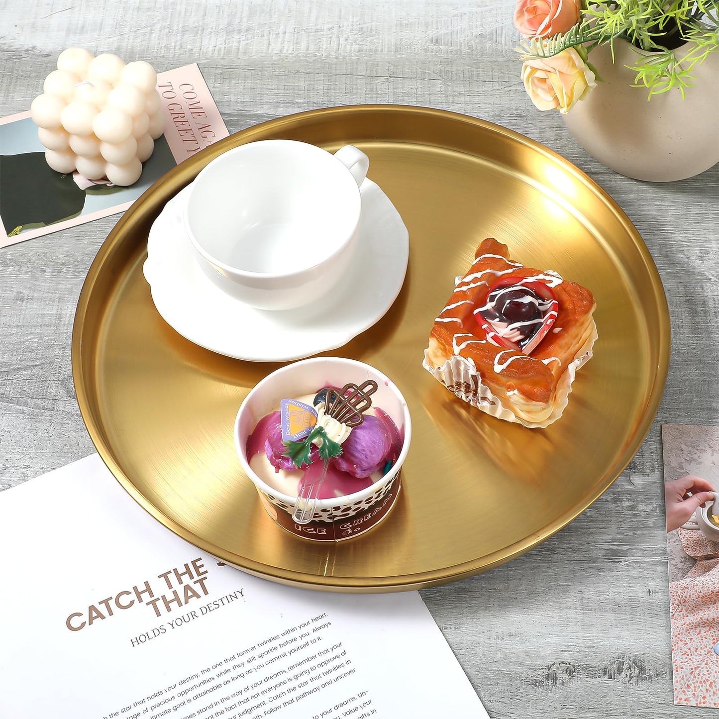 3 Pcs 12 Inch Gold Round Serving Tray, Stainless Steel Decorative Plate for Jewelry Makeup Organizer, Vanity Bathroom Coffee Table Dessert Display