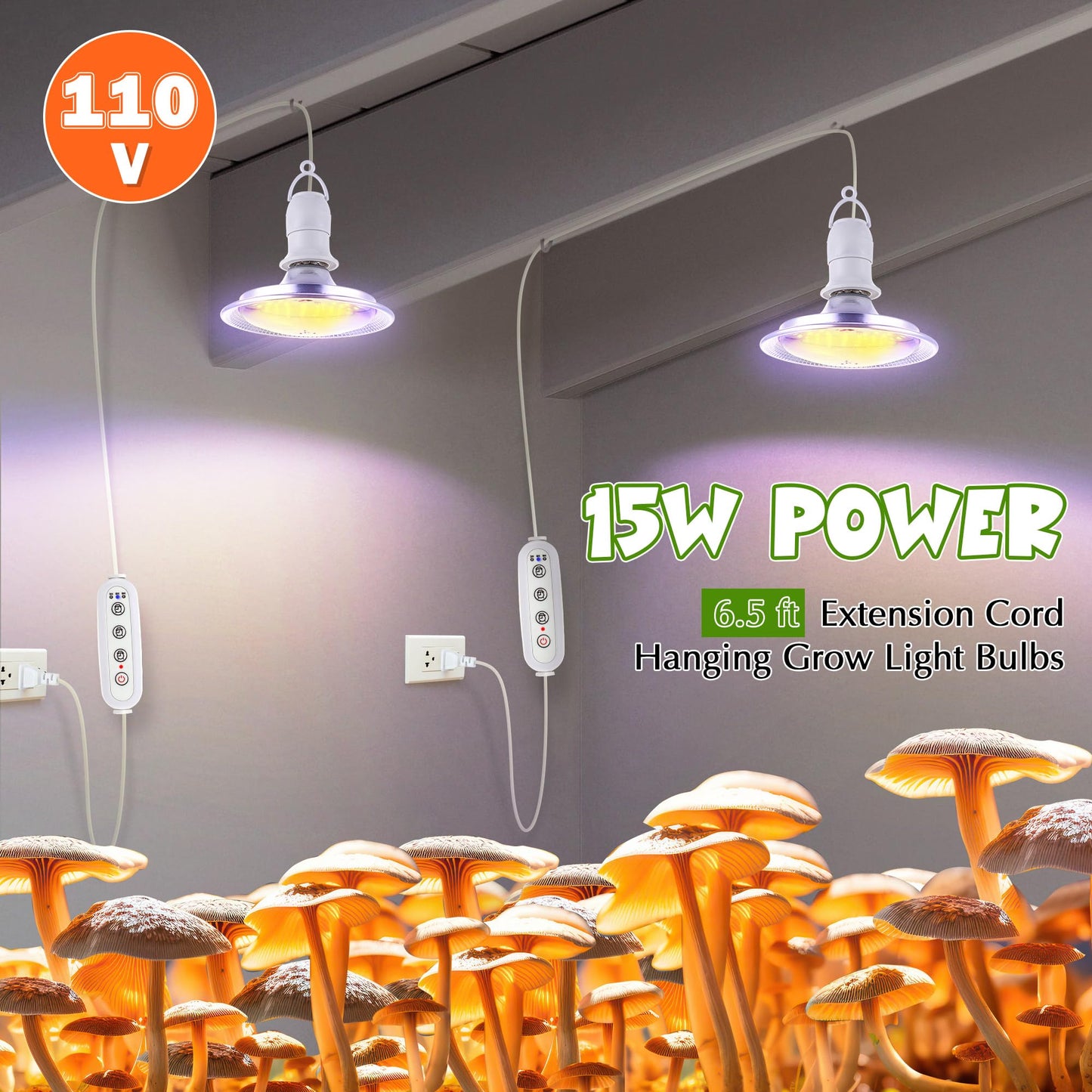 Meonum Mushroom Grow Light with 3/6/9 Hour Timer, 360° LED Hanging Grow Lights Bulb for Mushroom with 6.5ft Extension Cord, 6000K Blue&5000K White Lamp for Indoor Plants Growing Kit Supplies(2 Pack)