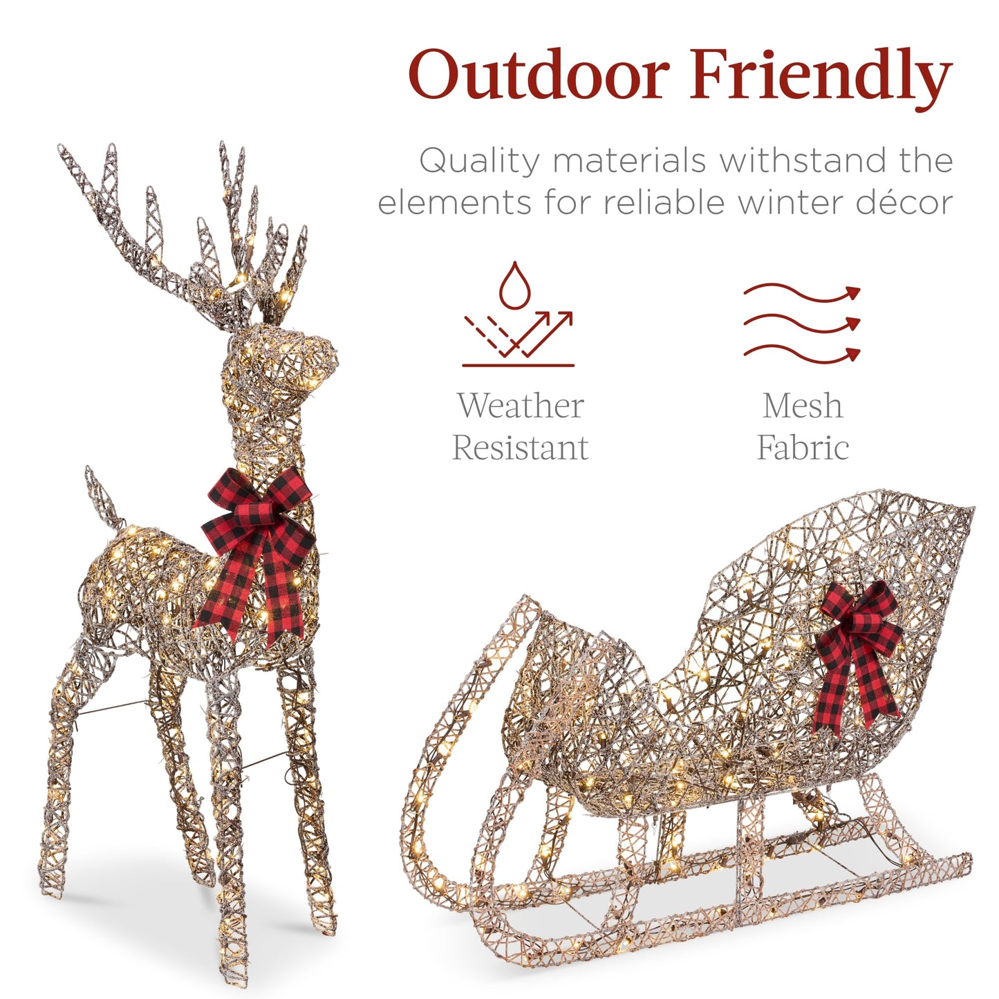 Best Choice Products Lighted Christmas 4ft Reindeer & Sleigh Holiday Outdoor Yard Decoration Set w/ 205 LED Lights, Stakes, Zip Ties - Rattan