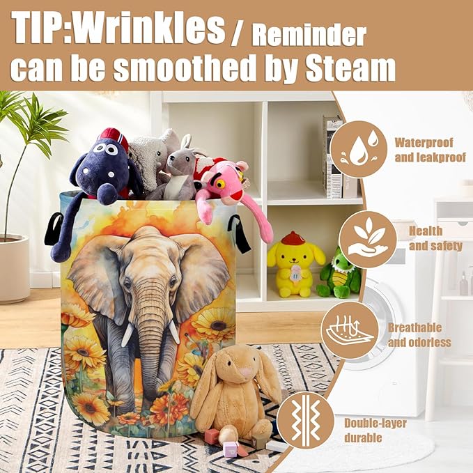 Watercolor Elephant Sunflower Laundry Basket, Foldable Wild Animals Laundry