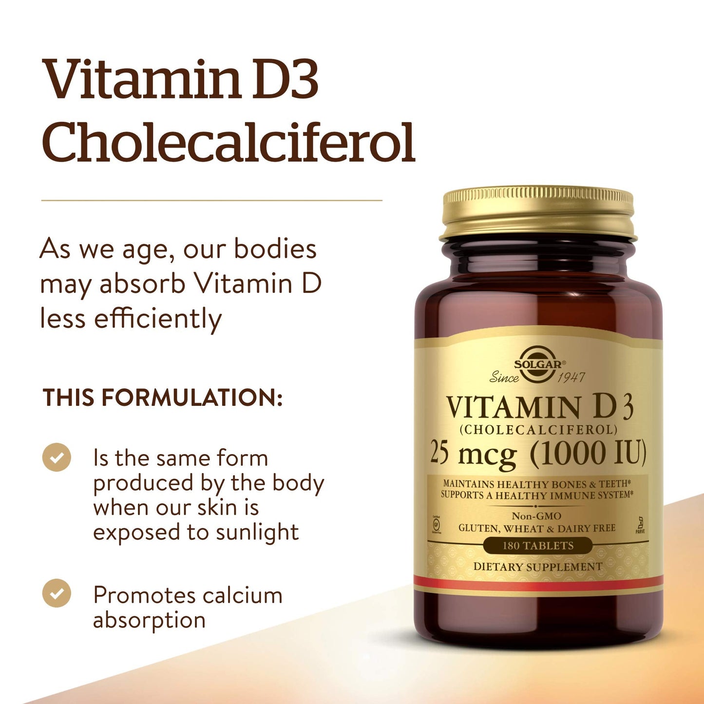 Solgar Vitamin D3 (Cholecalciferol) 1000 IU (25 µg) Tablets - Food Supplement, Pack of 180 Capsules - For Healthy Bones, Teeth and Muscle Function - Supports Immunity - Gluten Free