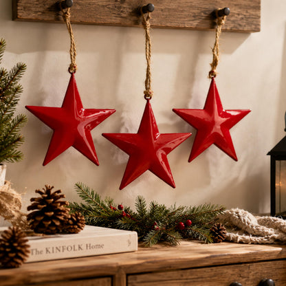 Hanging Star Wall Decor Set of 3 – Red Metal Hanging Star with Rope – Farmhouse Rustic Home & Christmas Decoration for Door, Wall & Window (5 x 5 x 10.2 Inches) (Red)