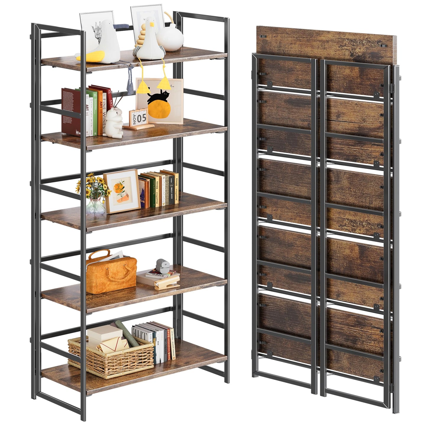 4NM No Assembly 5 Tier Collapsible Book Shelves, 51.2" H x 23.6" W Folding Bookshelf Bookcase Open Industrial Foldable Shelf for Bedroom, Living Room, Home Office - Rustic Brown