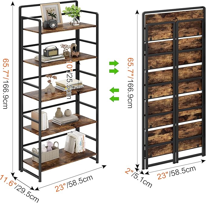 No Assembly Folding Bookshelf, 5 Tiers Collapsible Book Shelf