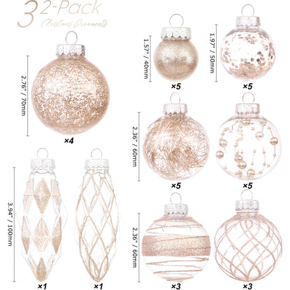 Sea Team Multi-Size Shatterproof Clear Plastic Christmas Ball Ornaments, Pendants, Drops, Finials, Decorative Xmas Tree Baubles Set with Stuffed Delicate Decorations (32 Counts, Champagne)