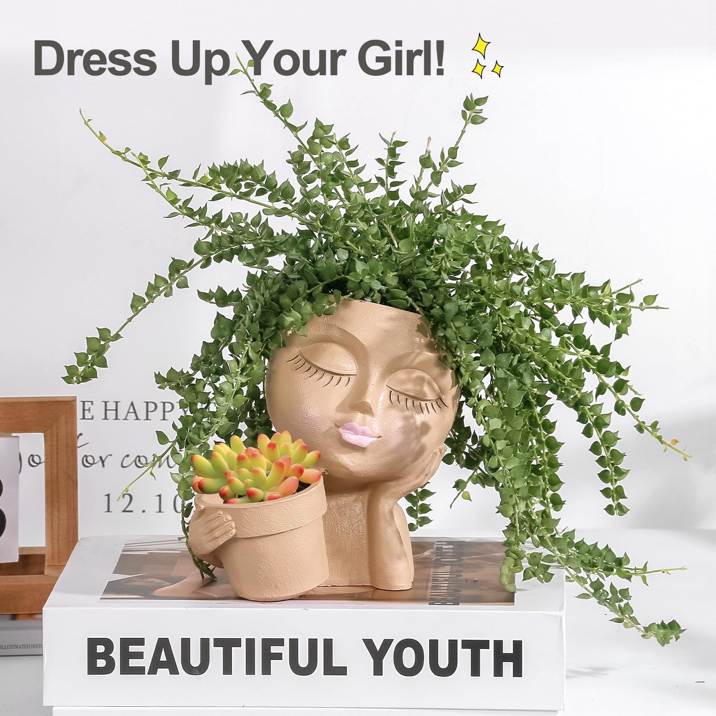 vomiceak Face Planters Pots Head Planter for Indoor Outdoor Plants - Cute Plant Pots for Flower Succulent with Drainage Hole - Gift Ideas for Mother (Khaki Lady)
