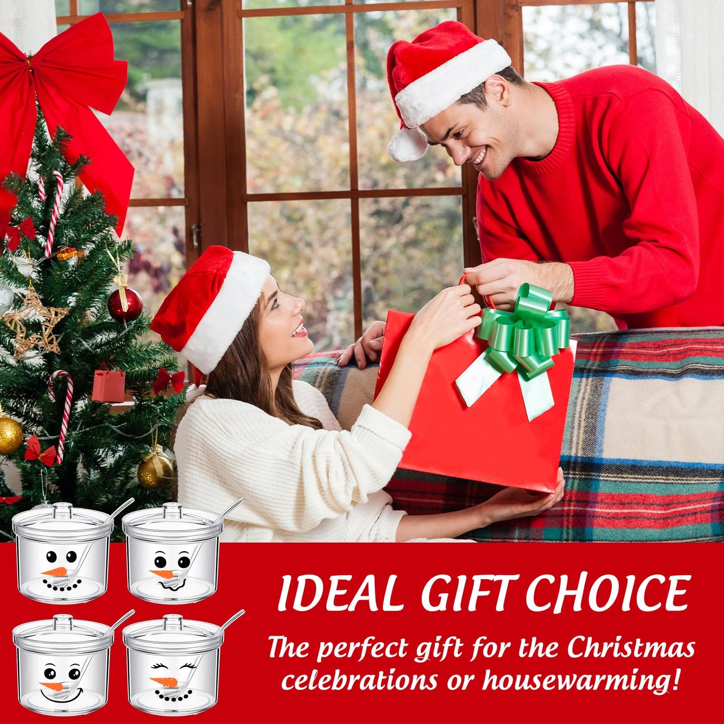 FYSUIMU 4Pcs Christmas Clear Acrylic Sugar Bowl with Lid and Spoon Snowman Face Kitchen Countertop Canisters Condiment Bottle Hot Cocoa Bar Supplies for Winter Xmas Party