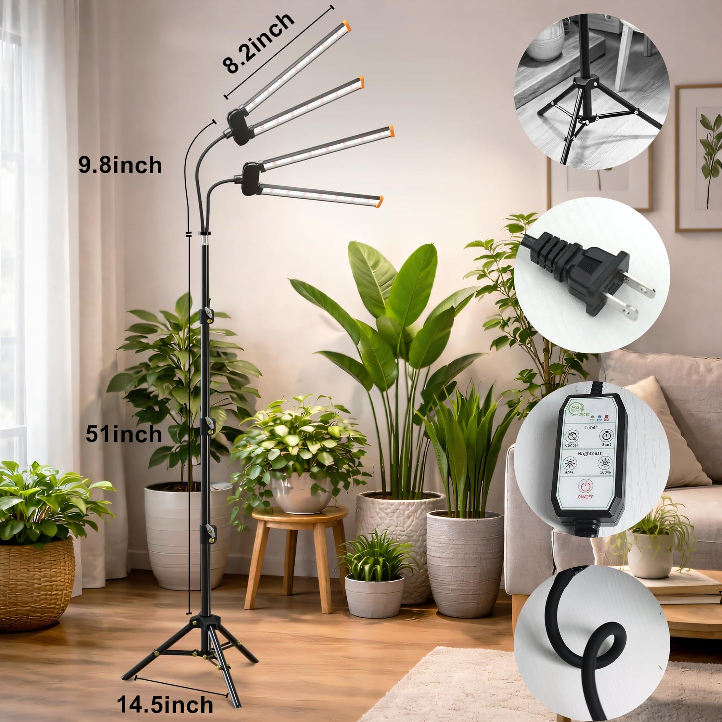 Quehoomii 61'' Grow Light Floor Lamp,6000K White Full Spectrum Growing Light for Indoor Tall Large Plants,Half or Full Brightness Dimmable & Auto Timer,Adjustable Height 17-61",