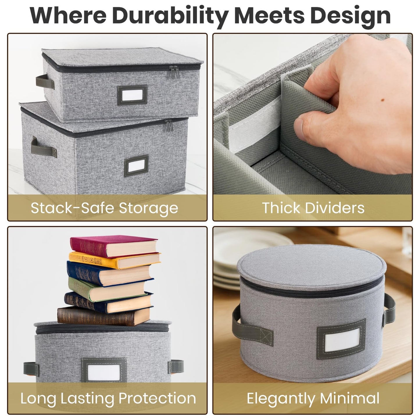 HOMELUX THEORY Hard Shell China Storage Containers, 8pc Light Gray Mug & Plate Storage Box, Kitchen Storage Bins With Lids, Heavy Duty Moving Box with Handles for Dishes, Silverware, Cup & Mug