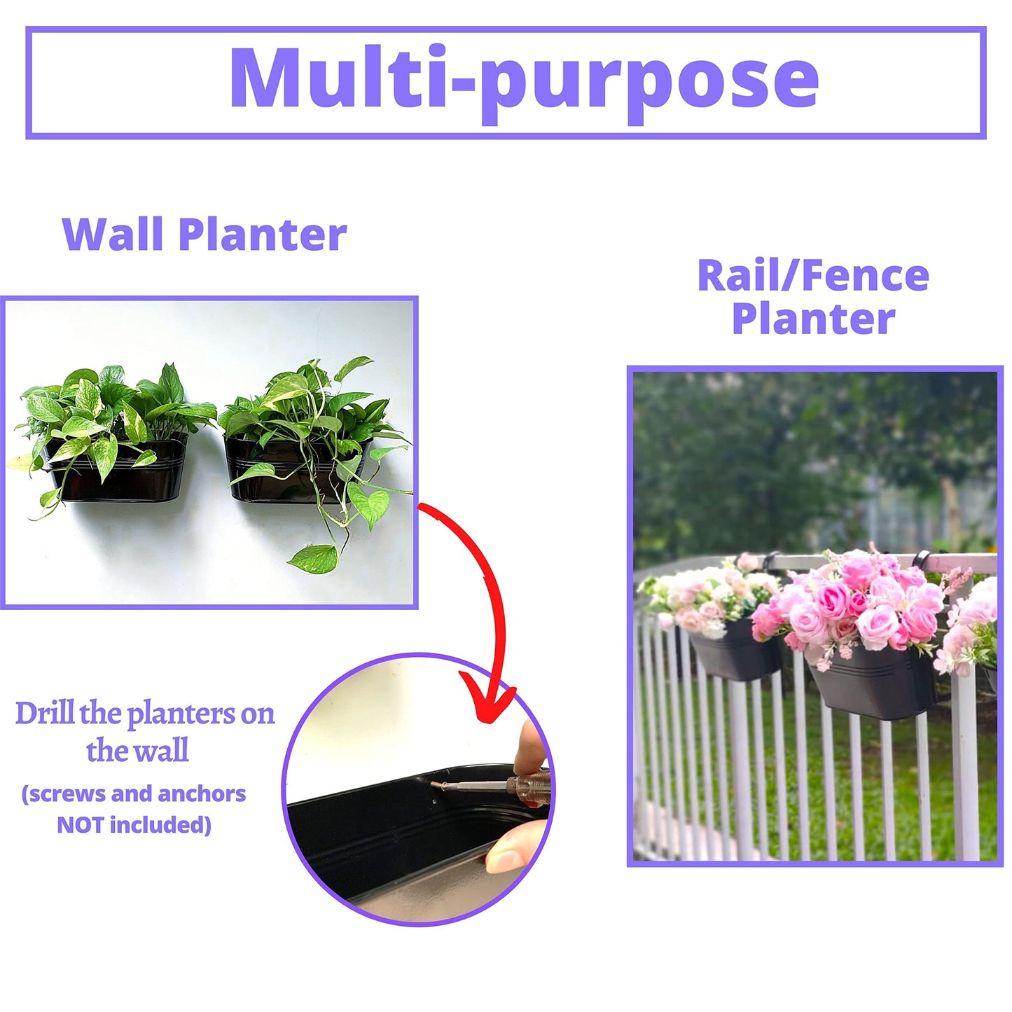 LaLaGreen Outdoor Plants Rail Planter Plants (6 Pack, 11.2 Inch) Black Metal Iron Hanging Flower Pots Deck Railings Fence Buckets Modern Style Wall Mount Window Box Plant Holder with Hooks Porch Decor
