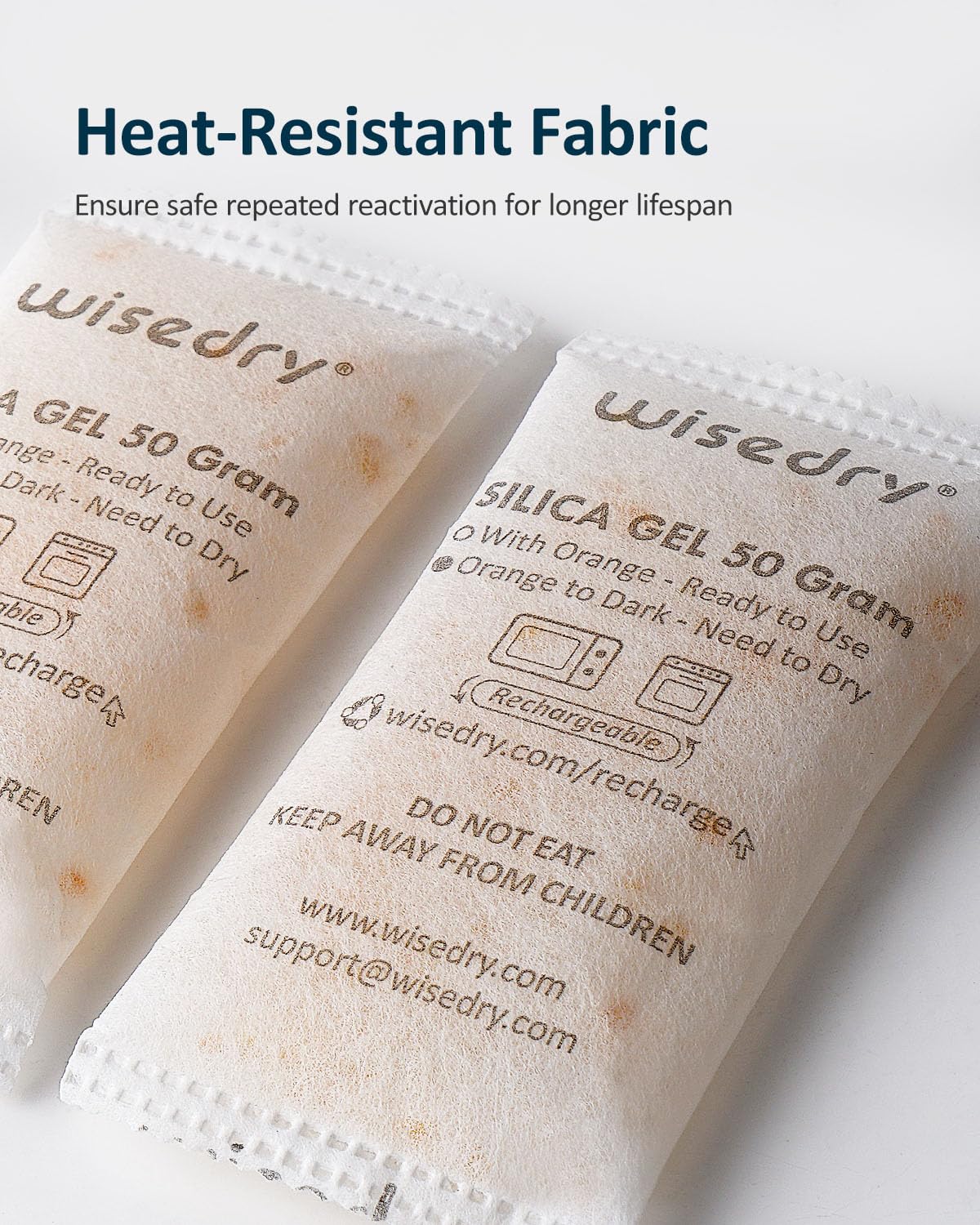 wisedry 50 Gram [10 Packs] Silica Gel Desiccant Sachets Microwave Fast Reactivate Desiccant Bags with Indicating Beads for Closet Gun Safes Bathroom Food Grade