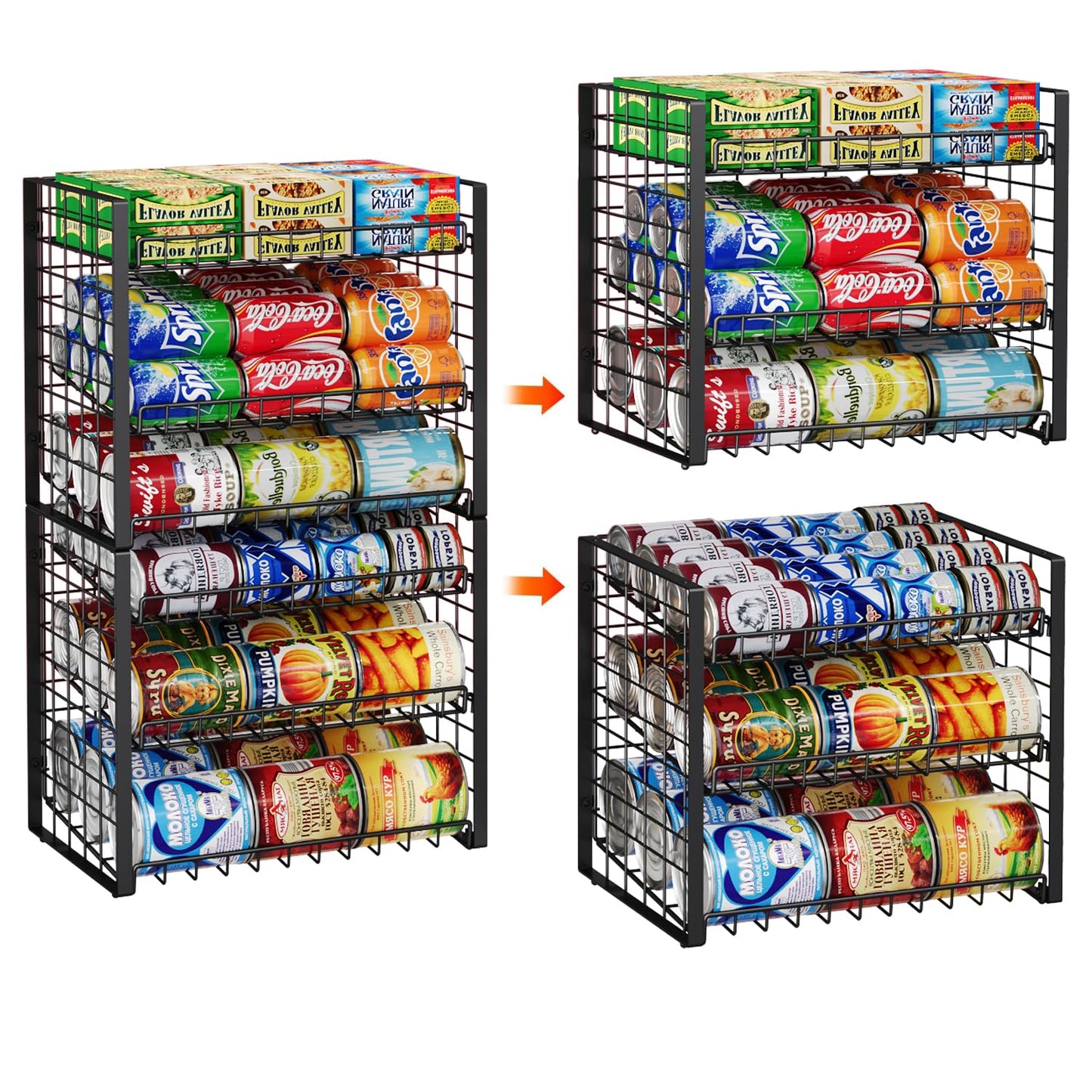 JKsmart 2-Tier Stackable Can Rack Organizer for Pantry, Adjustable Can Dispenser Holds Up to 62 Cans, Can Storage Holder for Various Ounces of Canned Food Soda Drinks, Black, 2 Pack (Petent Pending)