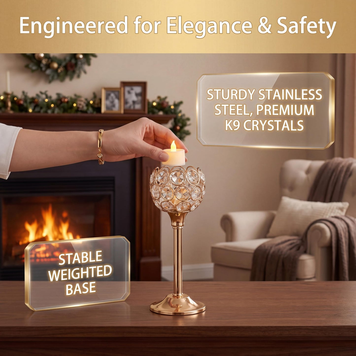 Gold Crystal Tealight Candle Holder Set of 9, Elegant Gold Candles Table Centerpieces, Tall Bling Bowl Candelabra Decor for Wedding, Dining Table, Fireplace Mantel & Party Decoration