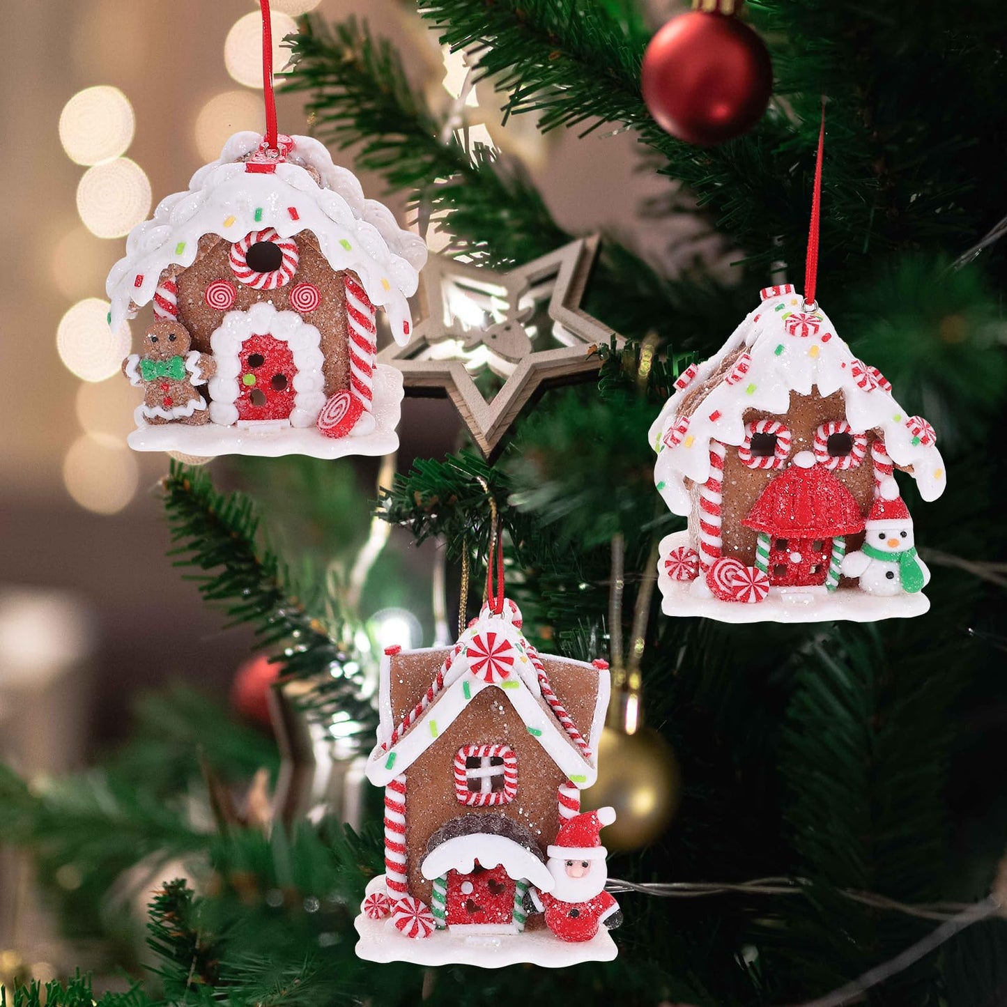 Toyvian 3 Pcs Gingerbread Houses: LED Christmas Village Houses with Rope, Soft Clay Dough Hanging Ornaments - Resin Santa Snowman Figures for Home Holiday Xmas Decor