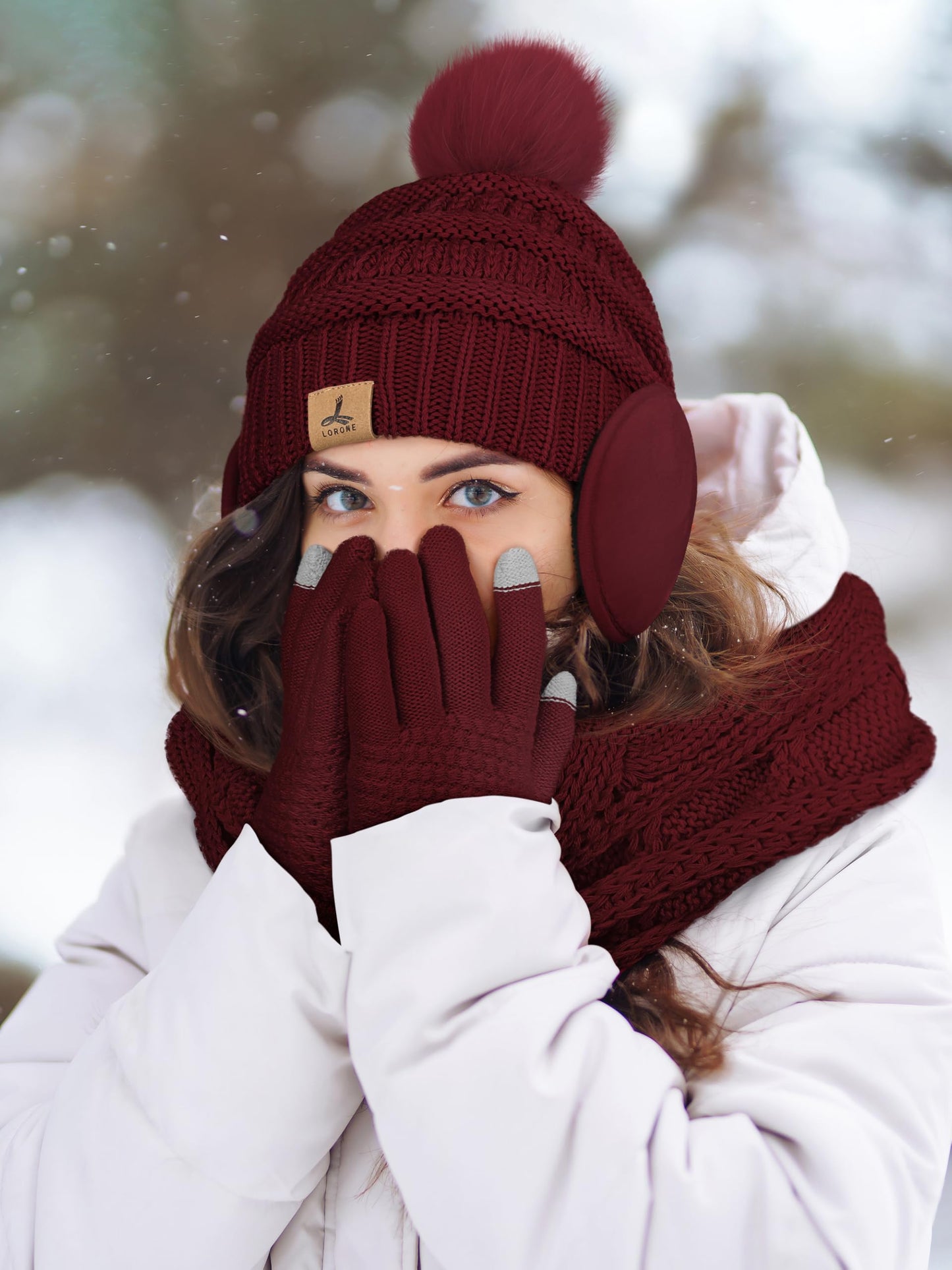 Winter Hat Scarf Gloves and Ear Warmer, Warm Knit Beanie Hat Touch Screen Gloves Set Winter Gifts Neck Scarves for Women Wine Red