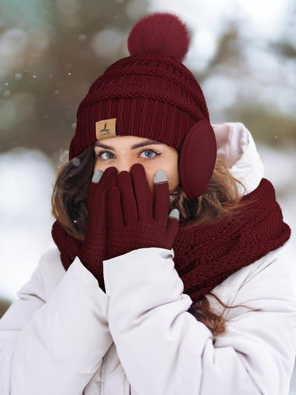 Winter Hat Scarf Gloves and Ear Warmer, Warm Knit Beanie Hat Touch Screen Gloves Set Winter Gifts Neck Scarves for Women Wine Red