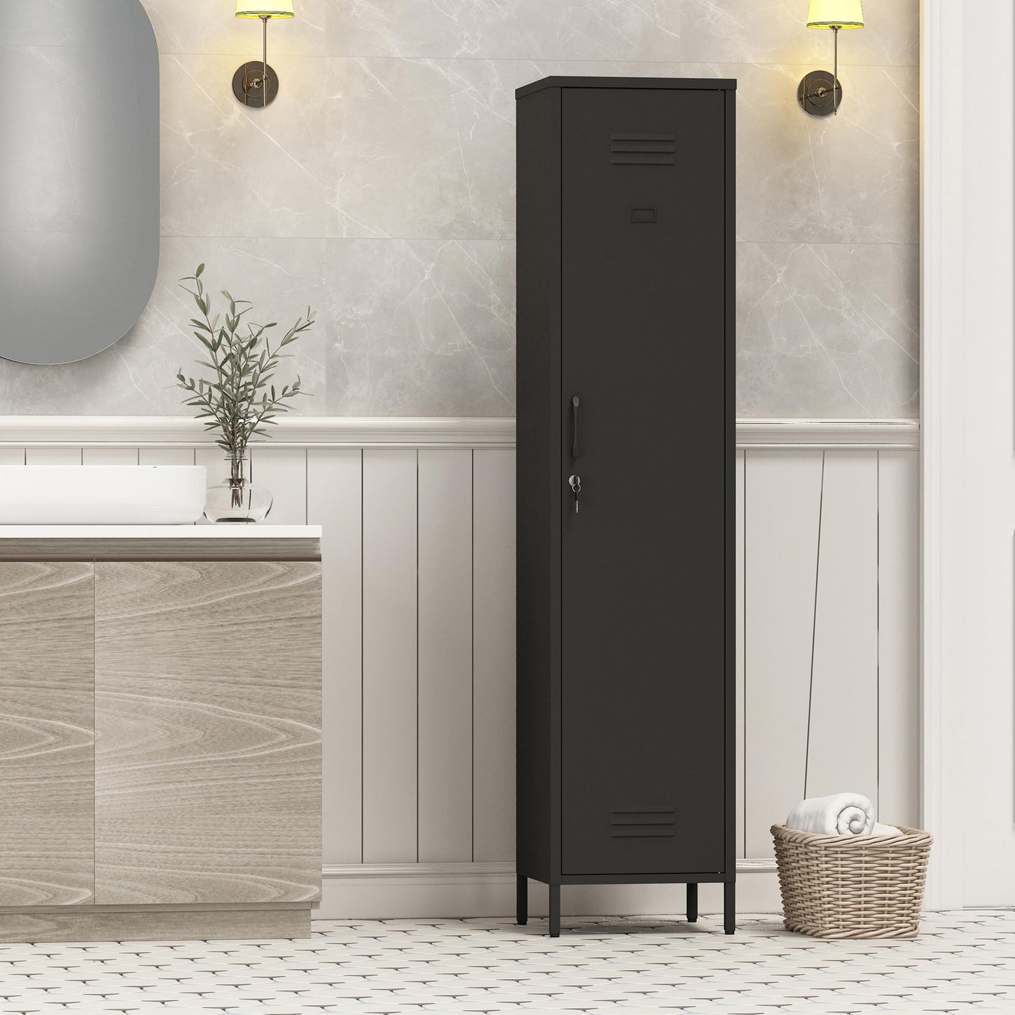 Elitehouse Tall Single Door Metal Locker with Adjustable Shelves, Black Tall Metal Locker Storage Cabinet，Easy Assembly for Living Room （15.8”W x 15”D x 70.9”H ）