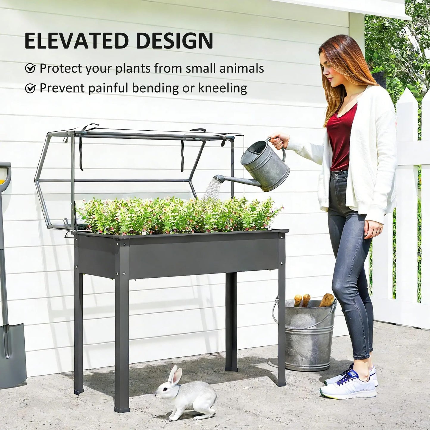 Elevated Raised Garden Bed with Mini Greenhouse, Dark Gray Metal Planter Box with Flip-Up Protective Cover, 39.4" x 18.9" x 48.8", 110 lbs Capacity