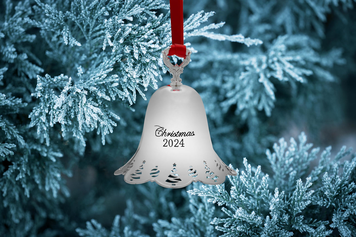 Towle Silver Plated Christmas Bell Ornament 2024-45th Anniversary Edition, Pierced Border with Tree and Ornament Motif, Collectible Holiday Decoration